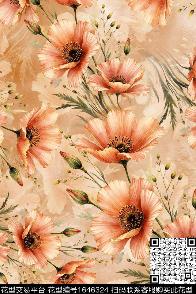 年轻女装满版散花水彩花卉数码印花华亿平台下载（图片编号: 1646324） - 瓦栏（Walan）