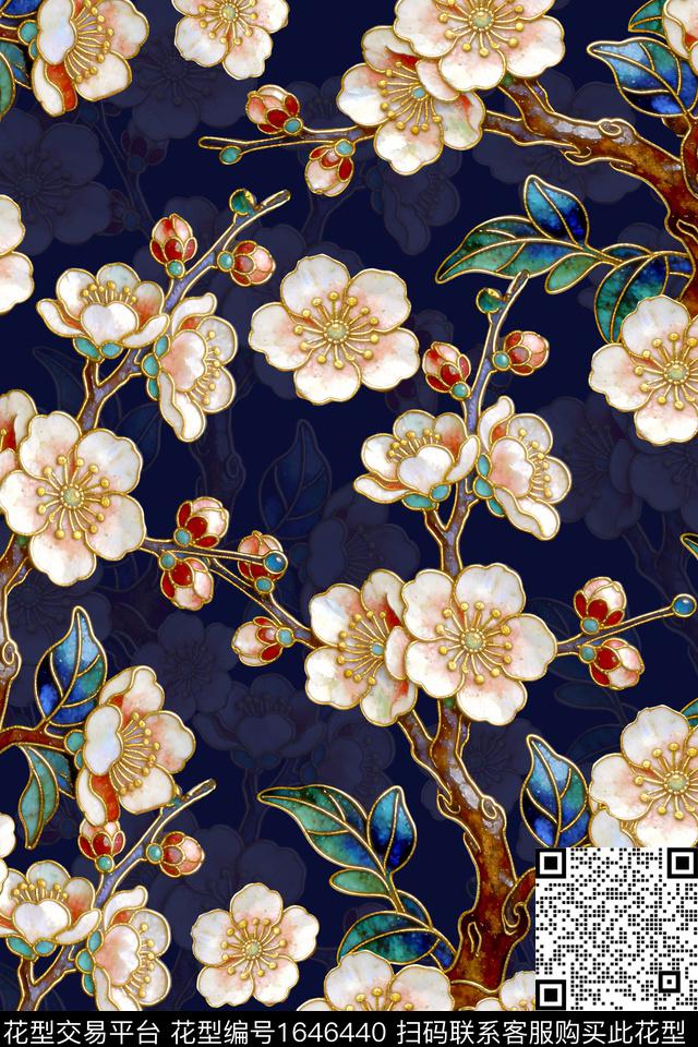 中国风黑底花卉花卉数码印花华亿平台下载（图片编号: 1646440） - 瓦栏（Walan）