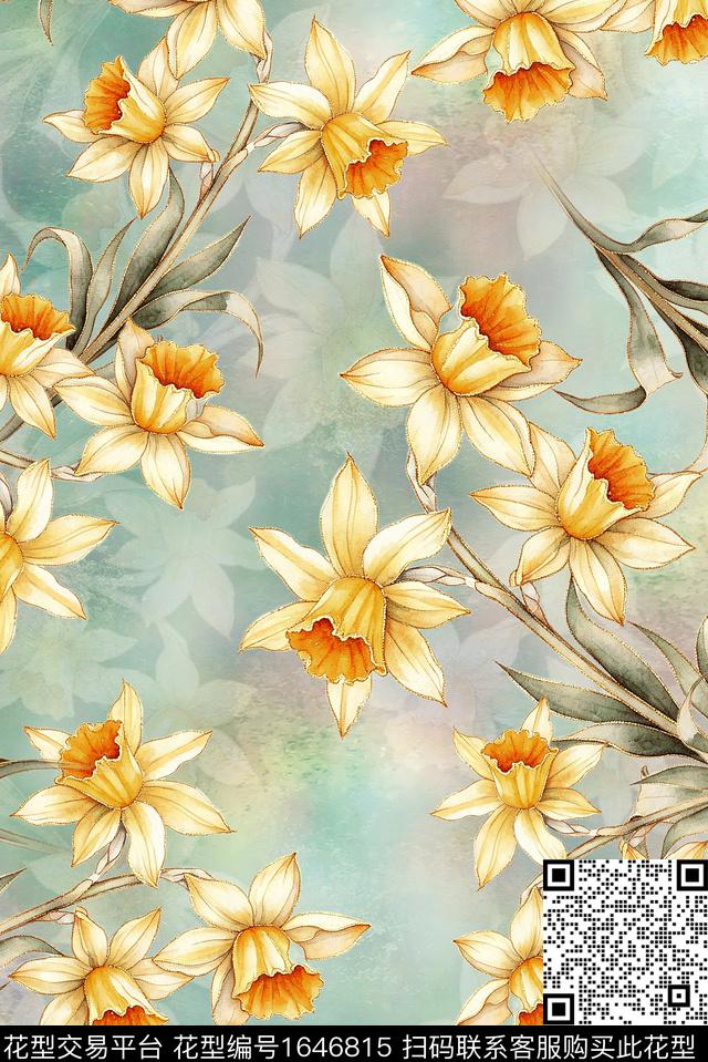 年轻女装满版散花水彩花卉数码印花华亿平台下载（图片编号: 1646815） - 瓦栏（Walan）