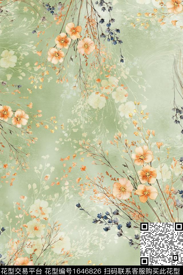 年轻女装满版散花水彩花卉数码印花华亿平台下载（图片编号: 1646826） - 瓦栏（Walan）