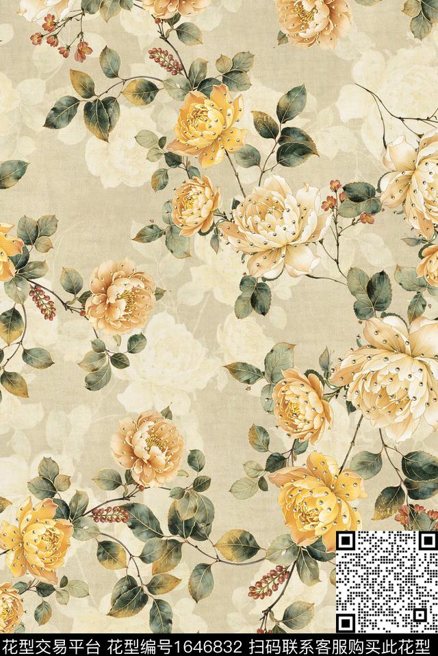 年轻女装满版散花水彩花卉数码印花华亿平台下载（图片编号: 1646832） - 瓦栏（Walan）