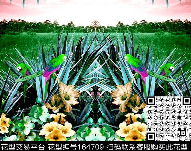 镜像对称花卉热带数码印花华亿平台下载（图片编号: 164709） - 瓦栏（Walan）