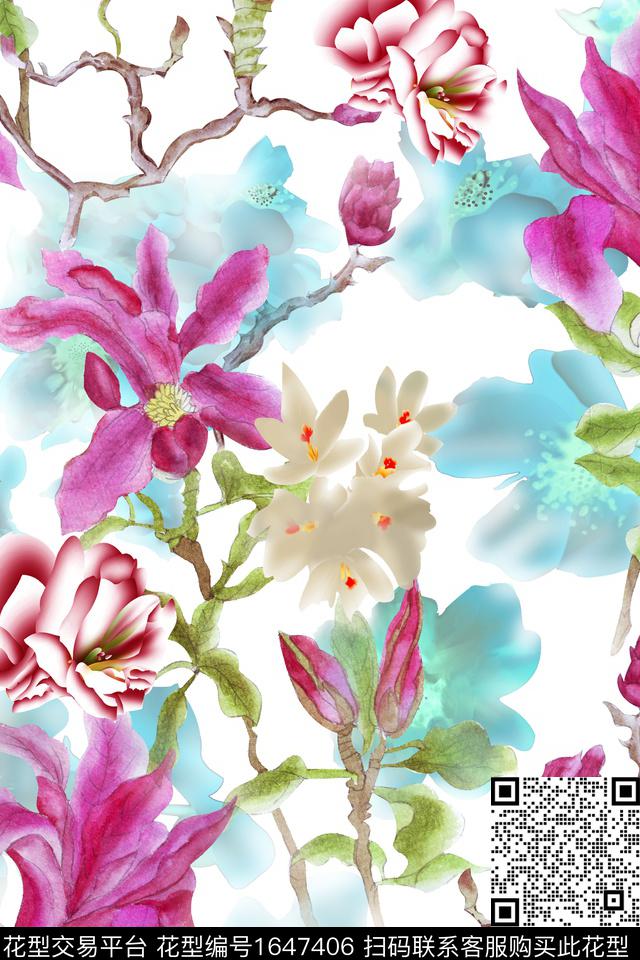 年轻女装手绘玫瑰植物数码印花华亿平台下载（图片编号: 1647406） - 瓦栏（Walan）