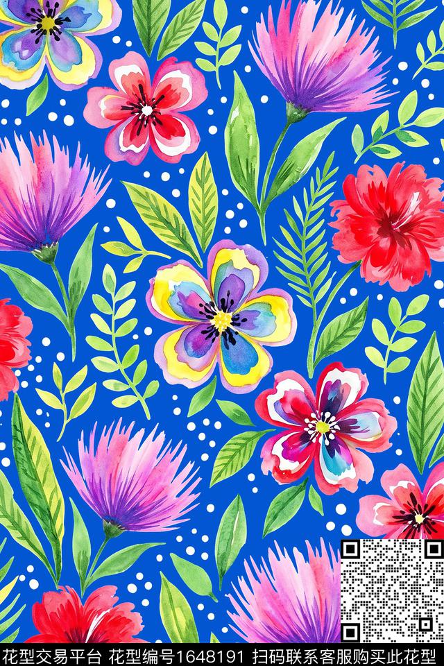 花卉水彩花卉波点数码印花华亿平台下载（图片编号: 1648191） - 瓦栏（Walan）