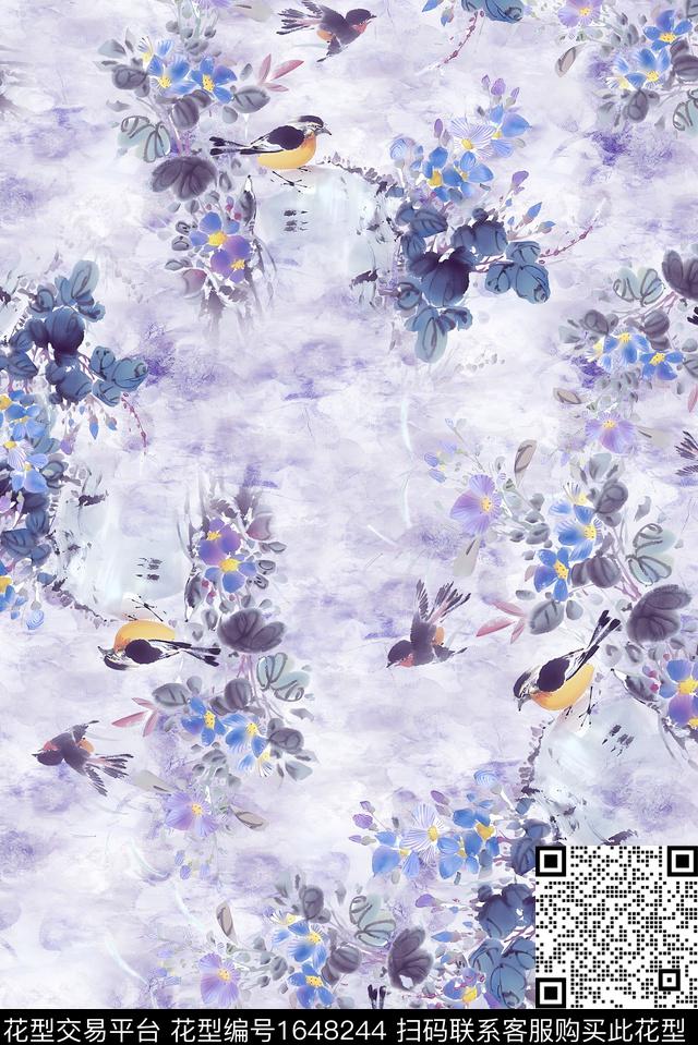 年轻女装中国风满版散花数码印花华亿平台下载（图片编号: 1648244） - 瓦栏（Walan）