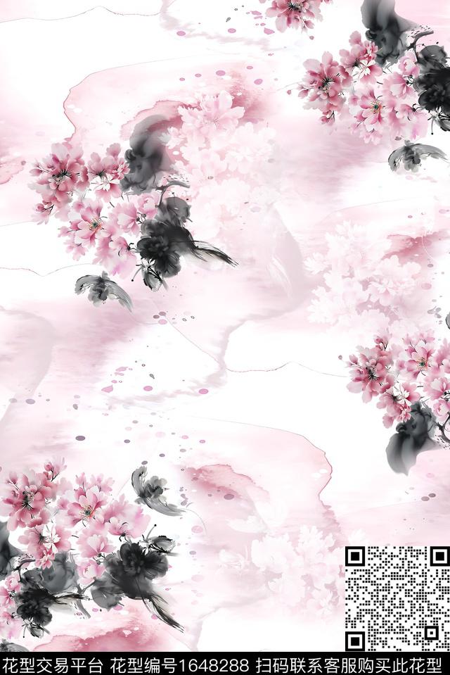 年轻女装满版散花水彩花卉数码印花华亿平台下载（图片编号: 1648288） - 瓦栏（Walan）