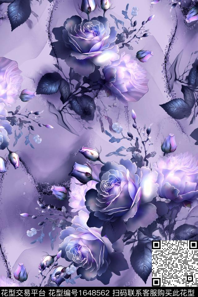 年轻女装满版散花水彩花卉数码印花华亿平台下载（图片编号: 1648562） - 瓦栏（Walan）