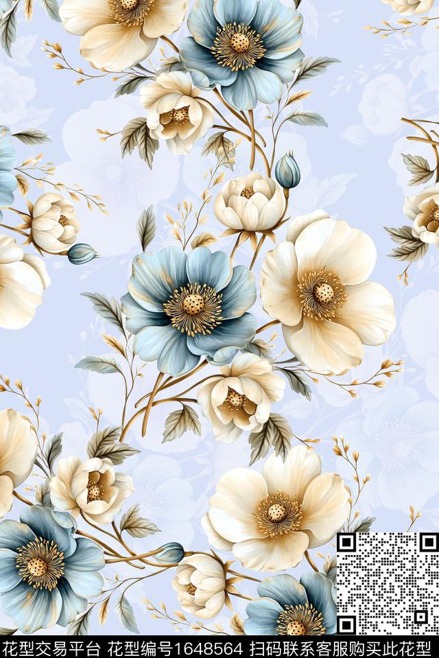 年轻女装满版散花水彩花卉数码印花华亿平台下载（图片编号: 1648564） - 瓦栏（Walan）