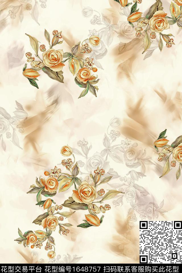 年轻女装满版散花水彩花卉数码印花华亿平台下载（图片编号: 1648757） - 瓦栏（Walan）