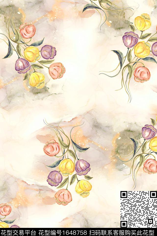 年轻女装满版散花水彩花卉数码印花华亿平台下载（图片编号: 1648758） - 瓦栏（Walan）