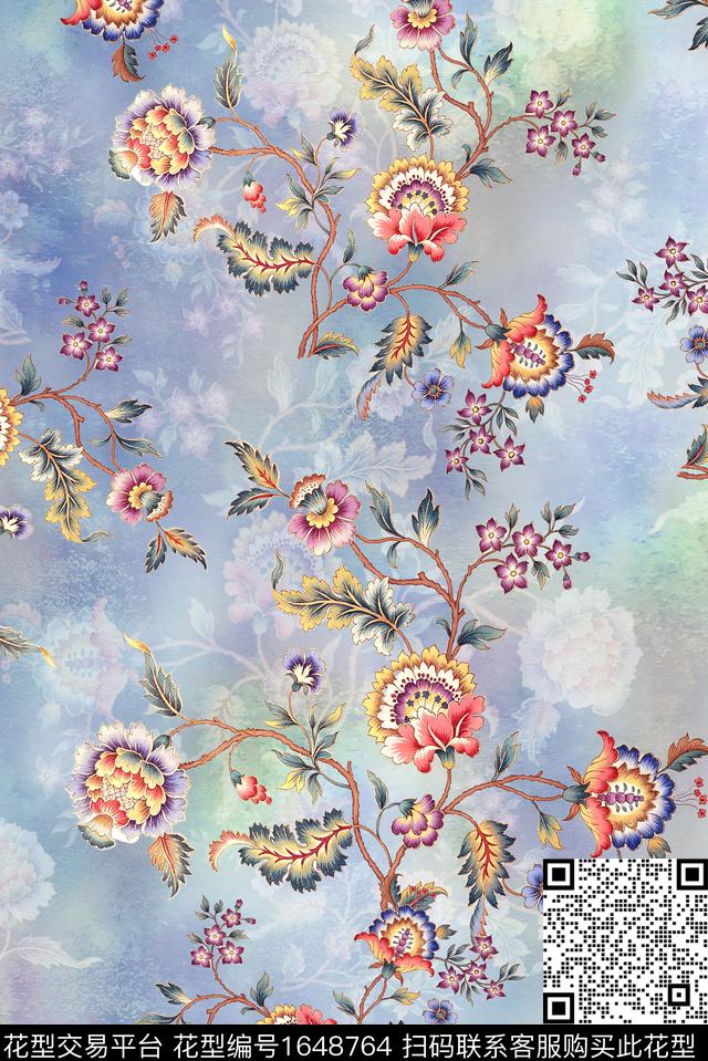 年轻女装满版散花水彩花卉数码印花华亿平台下载（图片编号: 1648764） - 瓦栏（Walan）