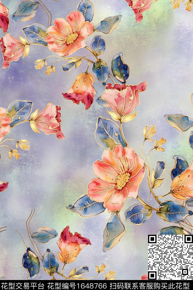 年轻女装满版散花水彩花卉数码印花华亿平台下载（图片编号: 1648766） - 瓦栏（Walan）