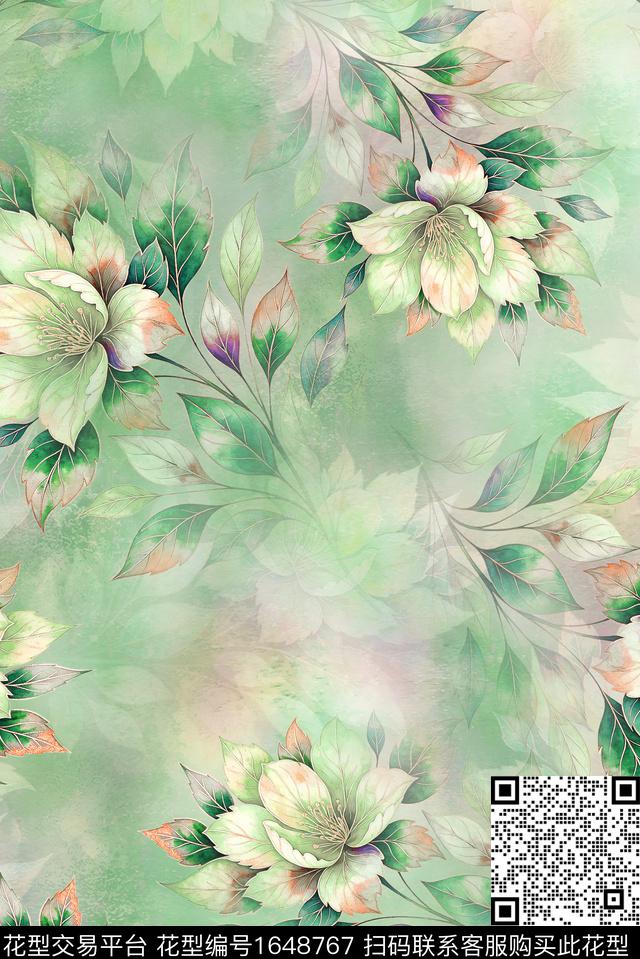 年轻女装满版散花水彩花卉数码印花华亿平台下载（图片编号: 1648767） - 瓦栏（Walan）