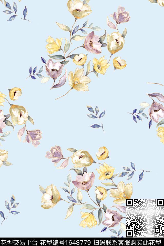 年轻女装满版散花水彩花卉数码印花华亿平台下载（图片编号: 1648779） - 瓦栏（Walan）