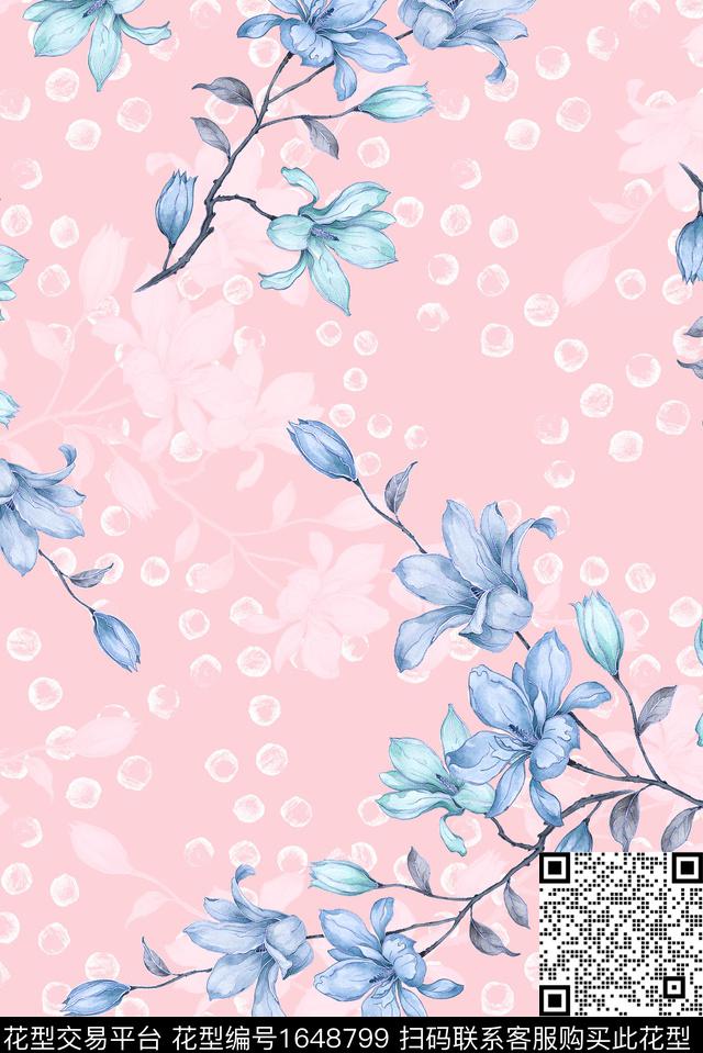 年轻女装满版散花水彩花卉数码印花华亿平台下载（图片编号: 1648799） - 瓦栏（Walan）
