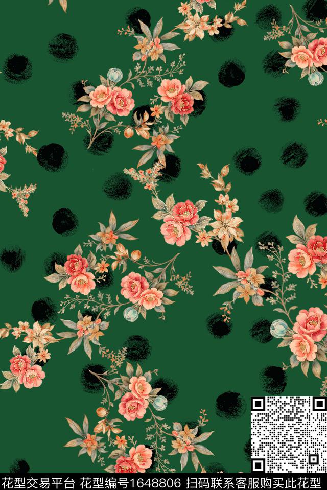 年轻女装满版散花水彩花卉数码印花华亿平台下载（图片编号: 1648806） - 瓦栏（Walan）