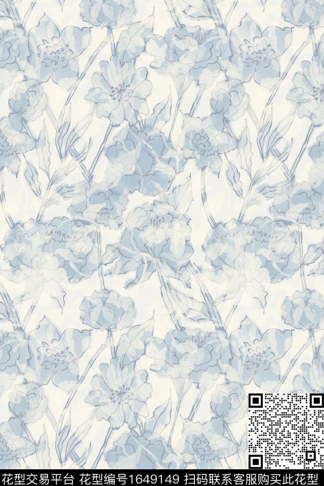小清新蓝白花卉数码印花华亿平台下载（图片编号: 1649149） - 瓦栏（Walan）