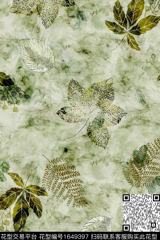 水彩侘寂风绿植树叶数码印花华亿平台下载（图片编号: 1649397） - 瓦栏（Walan）