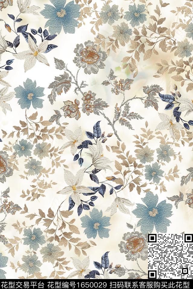 手绘花卉满版花卉抽象花卉数码印花华亿平台下载（图片编号: 1650029） - 瓦栏（Walan）