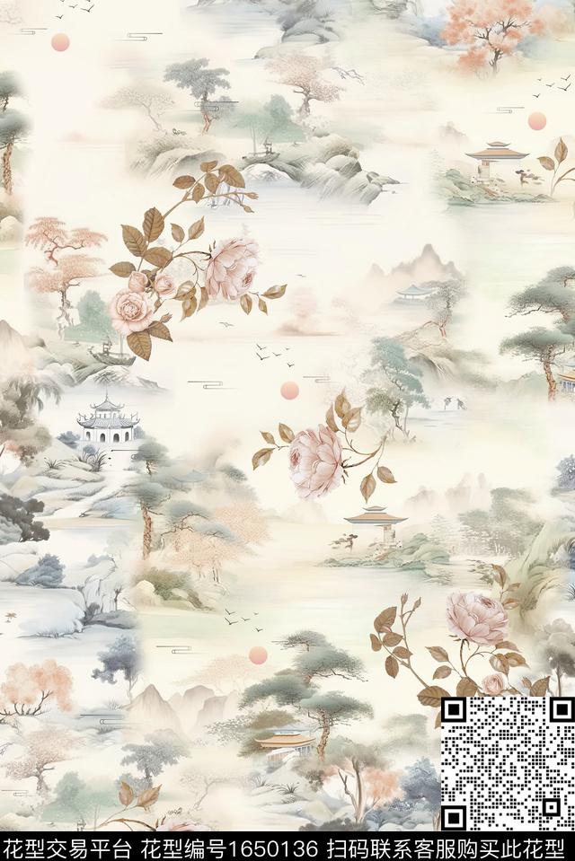 中国风国画手绘花卉数码印花华亿平台下载（图片编号: 1650136） - 瓦栏（Walan）