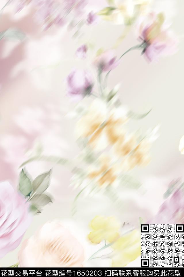 花卉水彩模糊花卉数码印花华亿平台下载（图片编号: 1650203） - 瓦栏（Walan）
