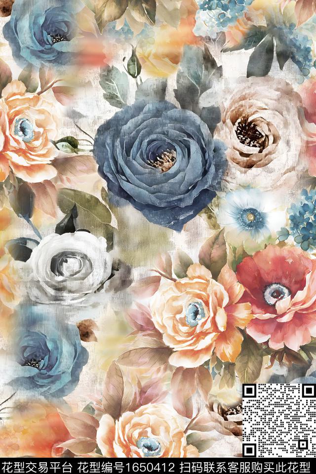 水彩花卉手绘花卉组合花数码印花华亿平台下载（图片编号: 1650412） - 瓦栏（Walan）