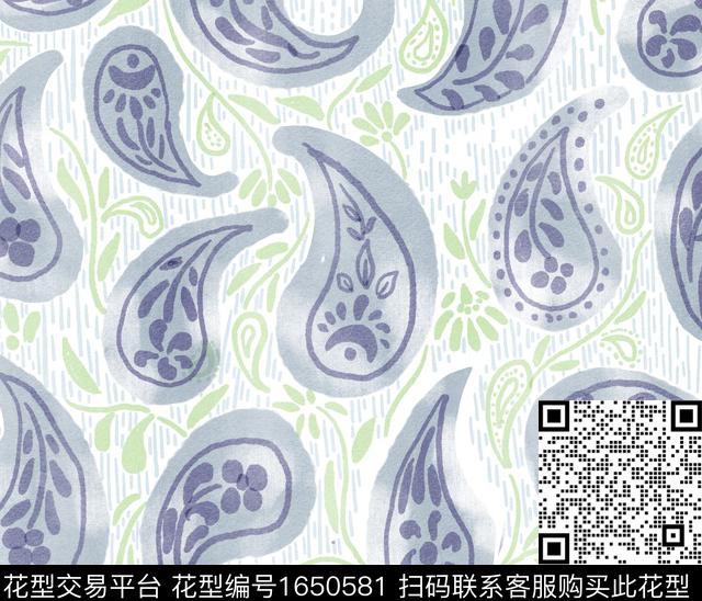 小清新佩斯利手绘花卉数码印花华亿平台下载（图片编号: 1650581） - 瓦栏（Walan）