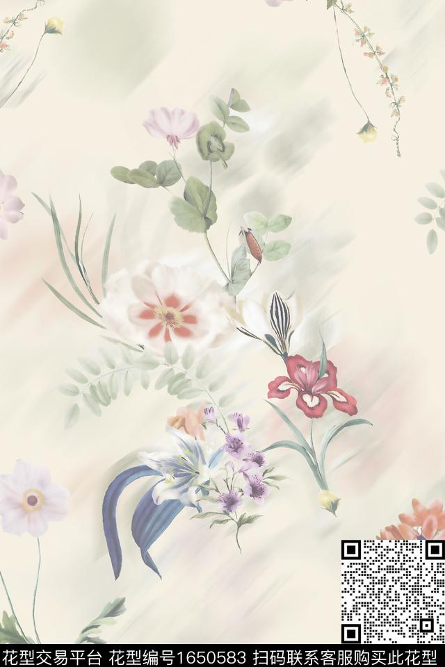 花卉水彩模糊花卉数码印花华亿平台下载（图片编号: 1650583） - 瓦栏（Walan）