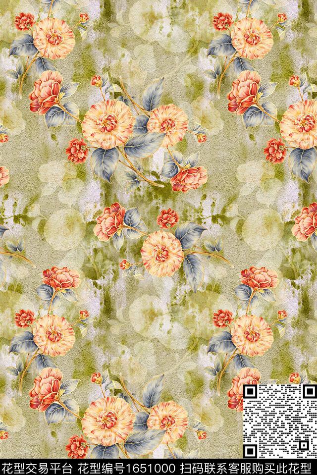 年轻女装满版散花朦胧花卉数码印花华亿平台下载（图片编号: 1651000） - 瓦栏（Walan）
