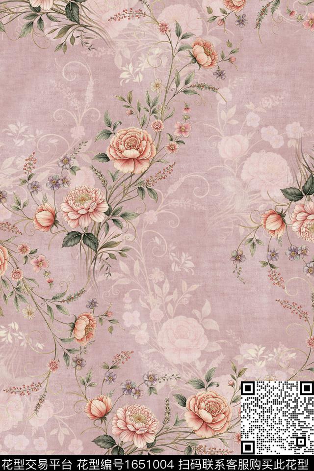 年轻女装满版散花朦胧花卉数码印花华亿平台下载（图片编号: 1651004） - 瓦栏（Walan）