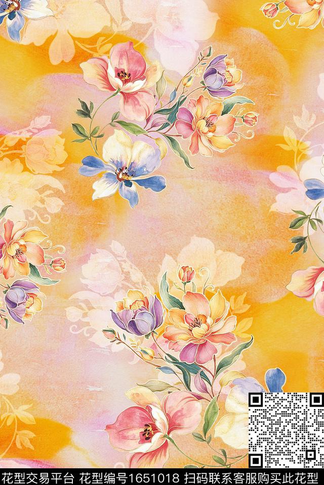 年轻女装满版散花朦胧花卉数码印花华亿平台下载（图片编号: 1651018） - 瓦栏（Walan）