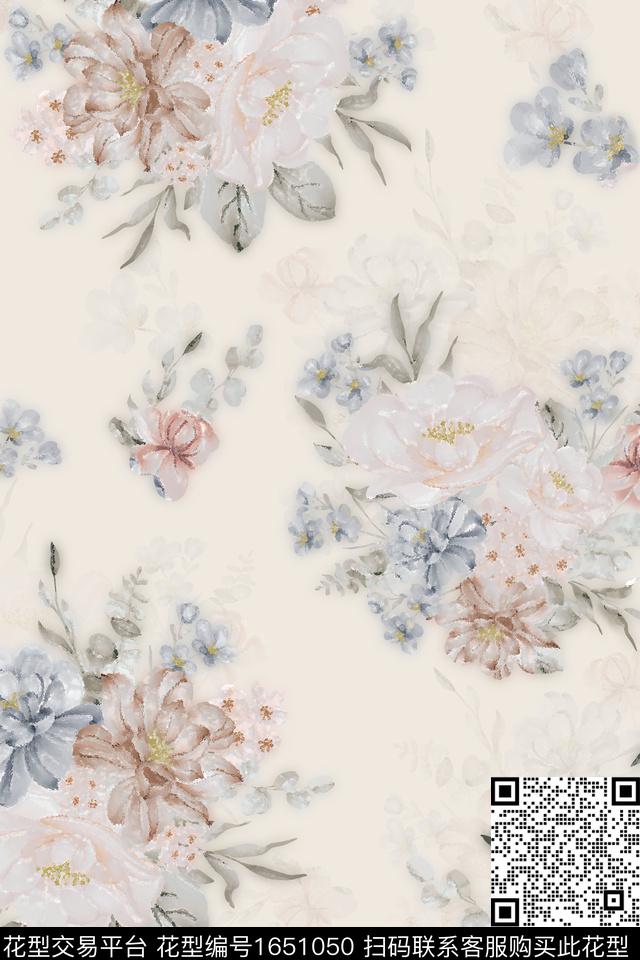 花卉水彩花卉跳接数码印花华亿平台下载（图片编号: 1651050） - 瓦栏（Walan）