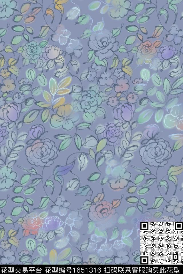 线条花卉小碎花数码印花华亿平台下载（图片编号: 1651316） - 瓦栏（Walan）
