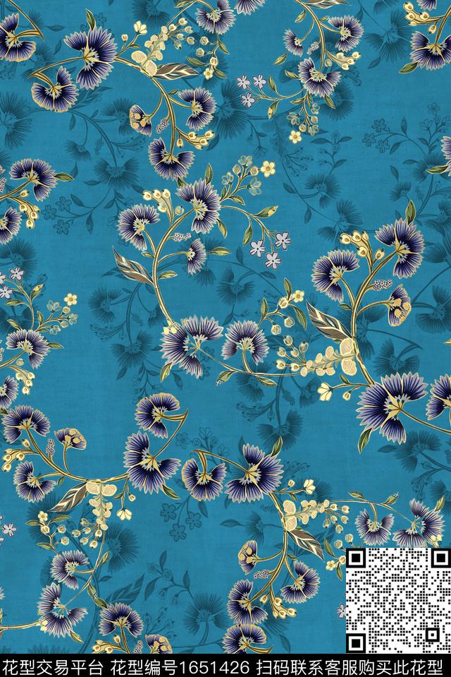 年轻女装满版散花水彩花卉数码印花华亿平台下载（图片编号: 1651426） - 瓦栏（Walan）