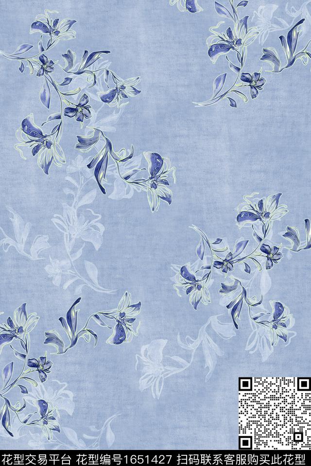 年轻女装满版散花水彩花卉数码印花华亿平台下载（图片编号: 1651427） - 瓦栏（Walan）