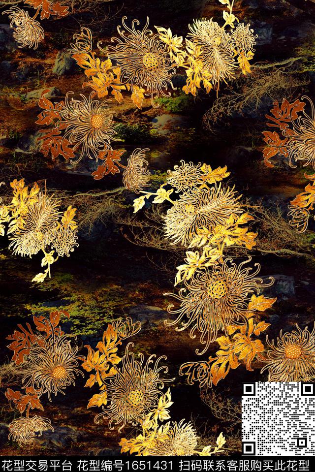 年轻女装满版散花水彩花卉数码印花华亿平台下载（图片编号: 1651431） - 瓦栏（Walan）
