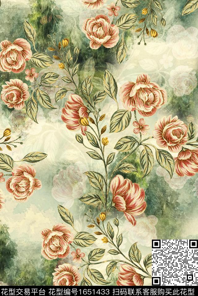 年轻女装满版散花水彩花卉数码印花华亿平台下载（图片编号: 1651433） - 瓦栏（Walan）