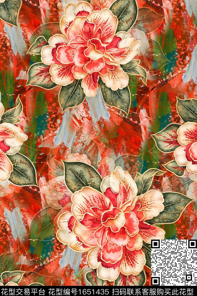 年轻女装手绘大花满版散花数码印花华亿平台下载（图片编号: 1651435） - 瓦栏（Walan）