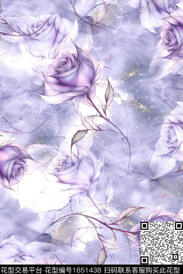 年轻女装满版散花水彩花卉数码印花华亿平台下载（图片编号: 1651438） - 瓦栏（Walan）