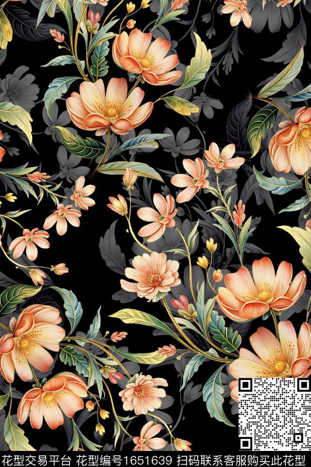 年轻女装黑底花卉满版散花数码印花华亿平台下载（图片编号: 1651639） - 瓦栏（Walan）