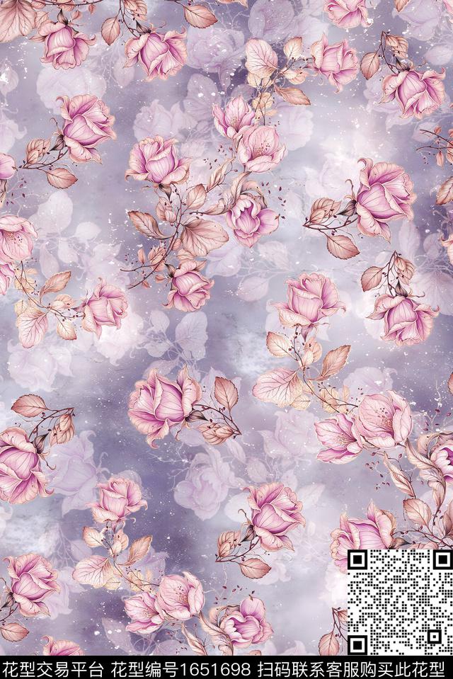 年轻女装满版散花水彩花卉数码印花华亿平台下载（图片编号: 1651698） - 瓦栏（Walan）