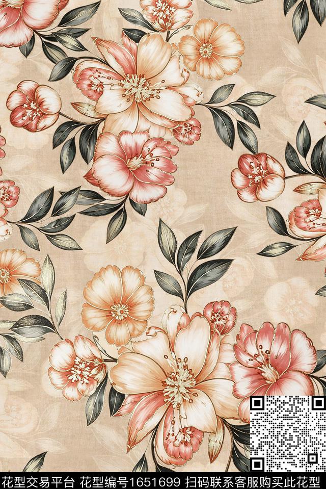 年轻女装满版散花水彩花卉数码印花华亿平台下载（图片编号: 1651699） - 瓦栏（Walan）