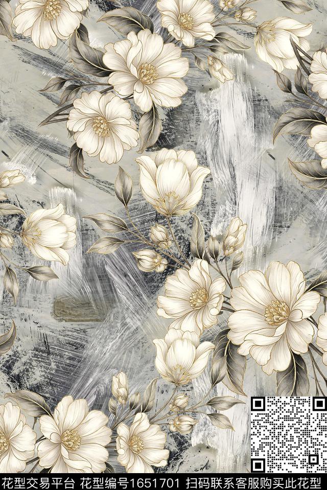 年轻女装满版散花水彩花卉数码印花华亿平台下载（图片编号: 1651701） - 瓦栏（Walan）