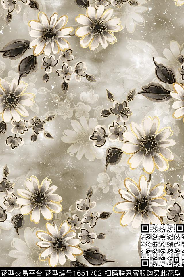 年轻女装满版散花水彩花卉数码印花华亿平台下载（图片编号: 1651702） - 瓦栏（Walan）