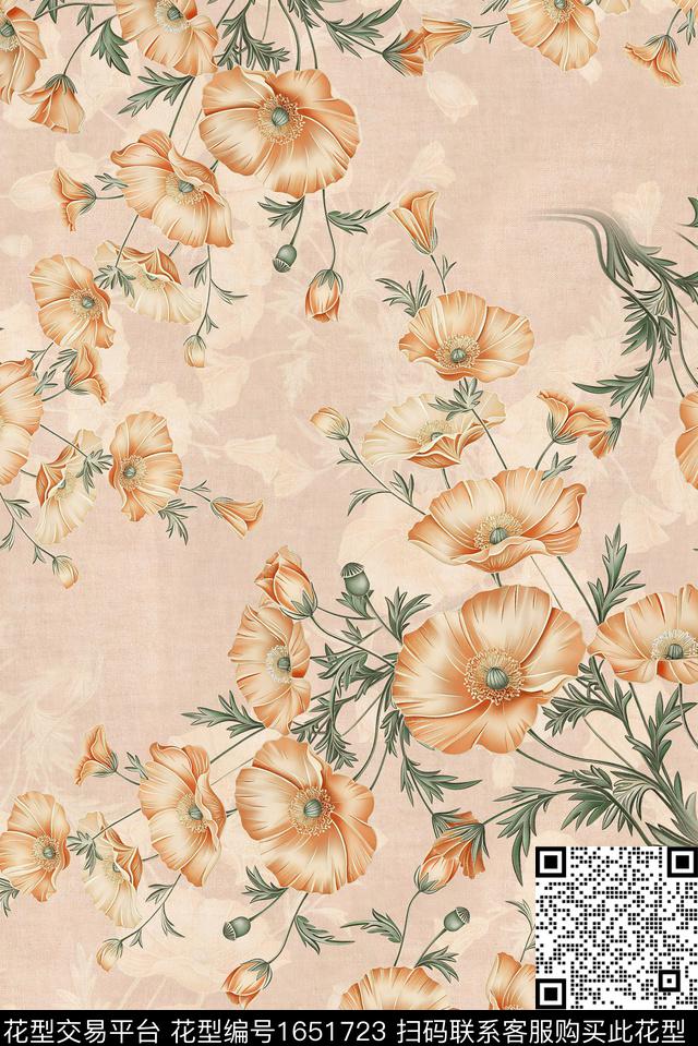 年轻女装满版散花水彩花卉数码印花华亿平台下载（图片编号: 1651723） - 瓦栏（Walan）