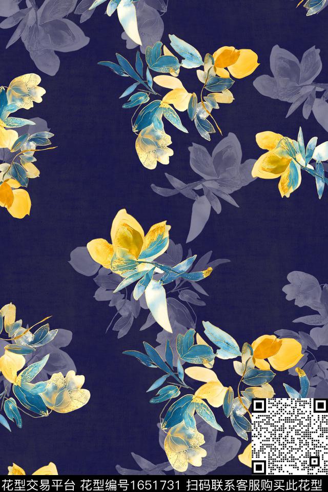 年轻女装满版散花水彩花卉数码印花华亿平台下载（图片编号: 1651731） - 瓦栏（Walan）