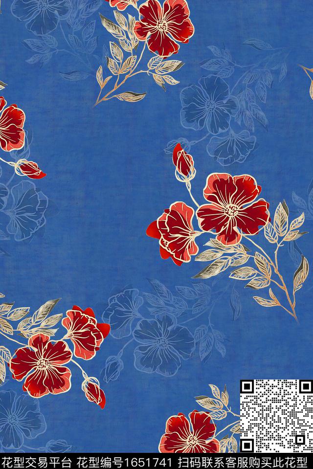 年轻女装满版散花水彩花卉数码印花华亿平台下载（图片编号: 1651741） - 瓦栏（Walan）