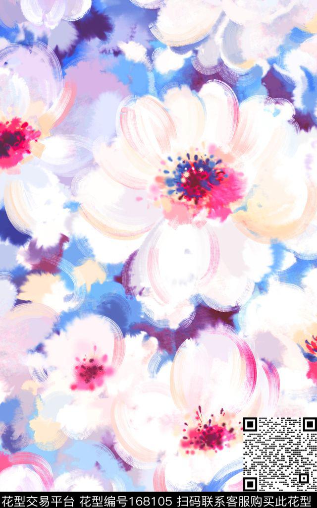 大花花卉淡彩数码印花华亿平台下载（图片编号: 168105） - 瓦栏（Walan）
