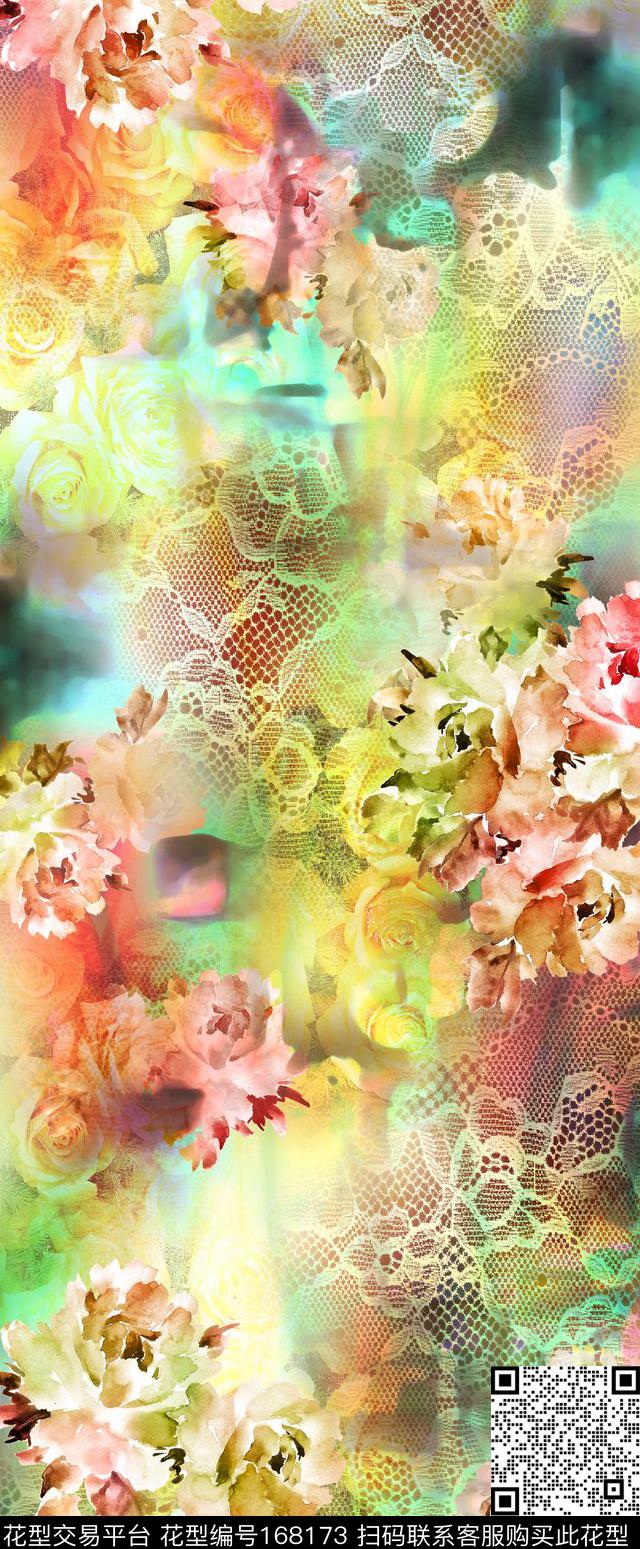 水彩蕾丝时尚定位数码印花华亿平台下载（图片编号: 168173） - 瓦栏（Walan）