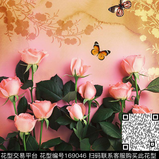 粉色玫瑰蝴蝶方巾数码印花华亿平台下载（图片编号: 169046） - 瓦栏（Walan）